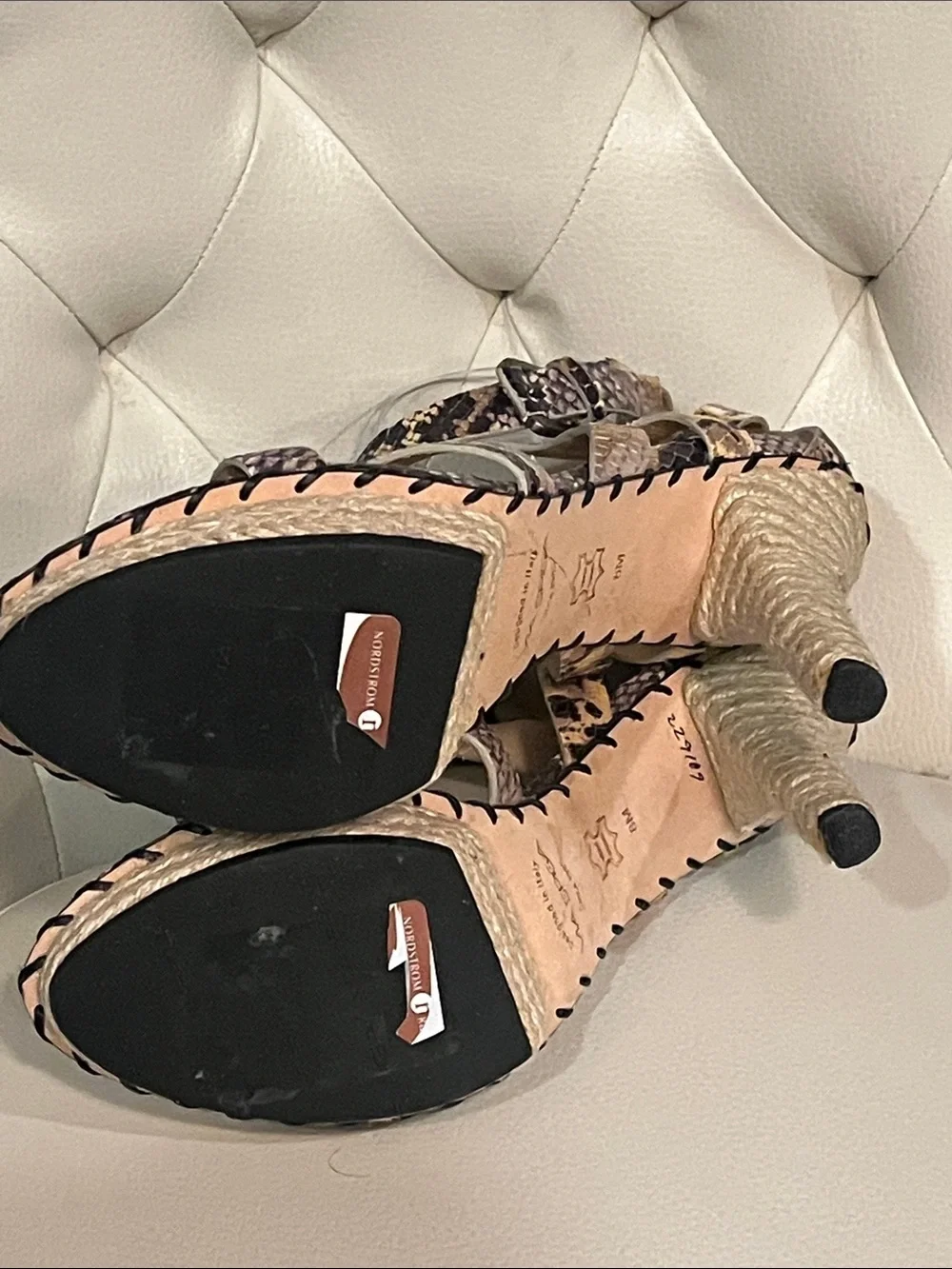 Via Spiga Snake-Print Brown Strappy High Heel Sandals Espadrille design Size 8